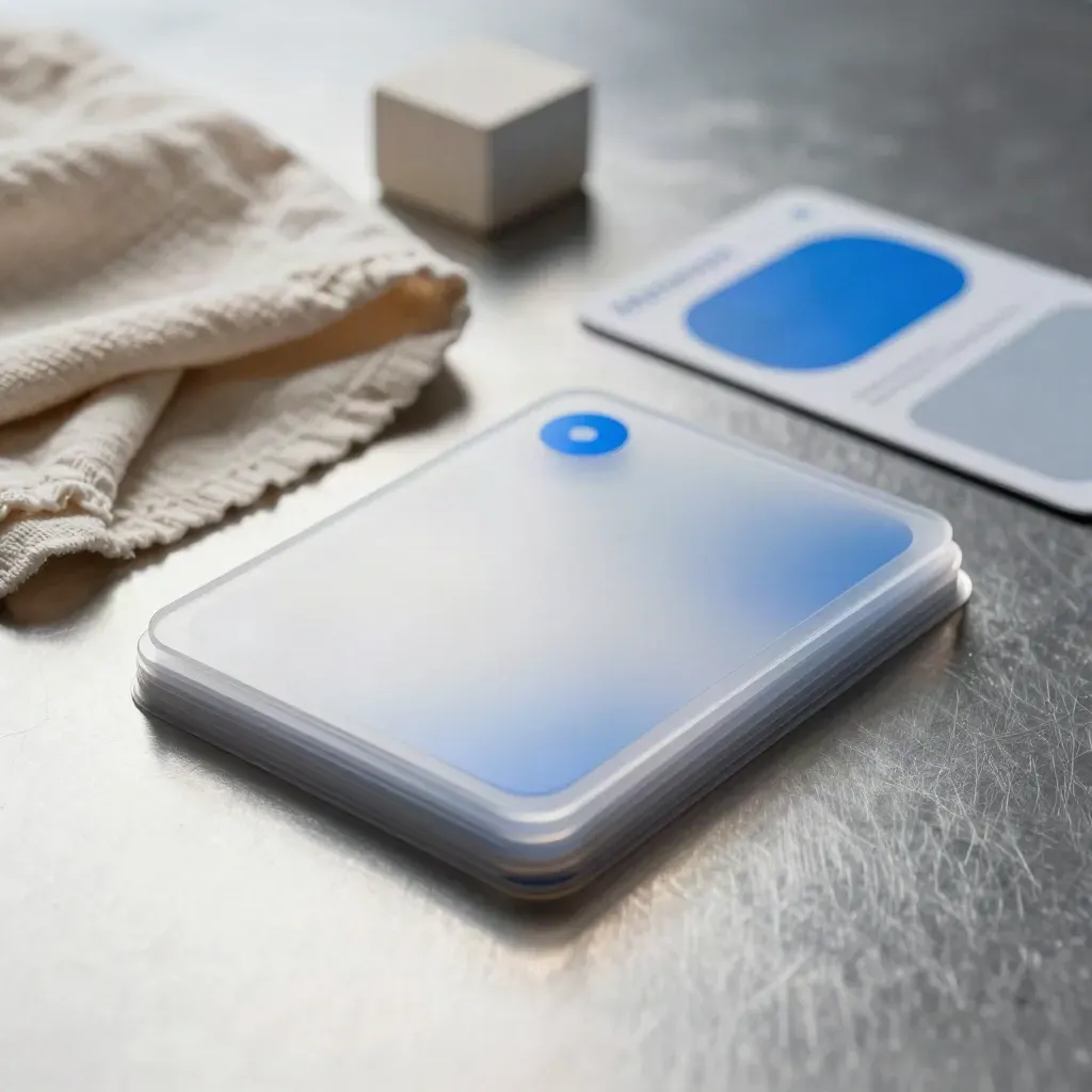 Macro of translucent ad deck cards arcing on linen with a blue glint