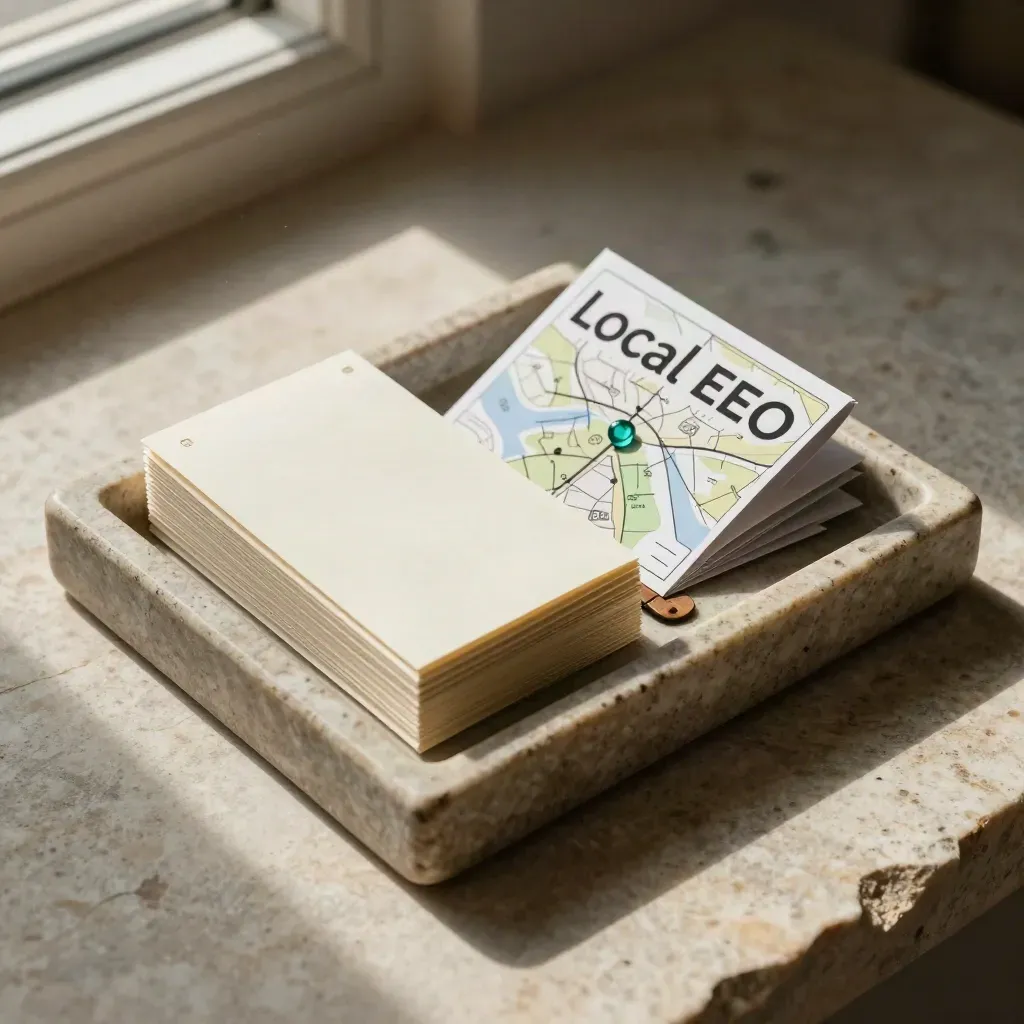 Top-down local SEO kit in a stone tray with pins, tabs and a folded route card.