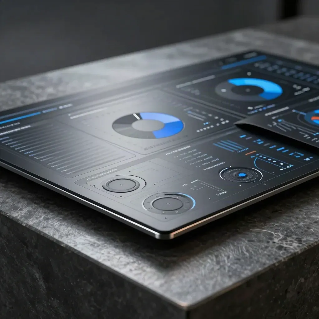 Glossy graphite analytics dashboard slab with raised tiles and a cool blue pulse