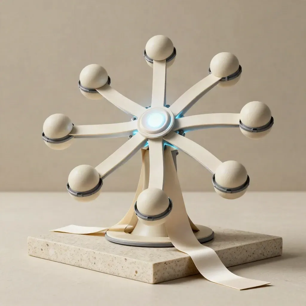 Radial conversion map board with seven nodes and folded card on travertine, seen from below