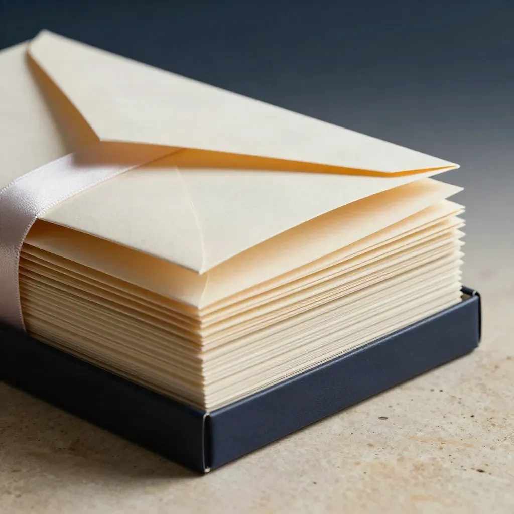 Macro of folded envelopes and ribbon bands settling in a navy-edged promo box