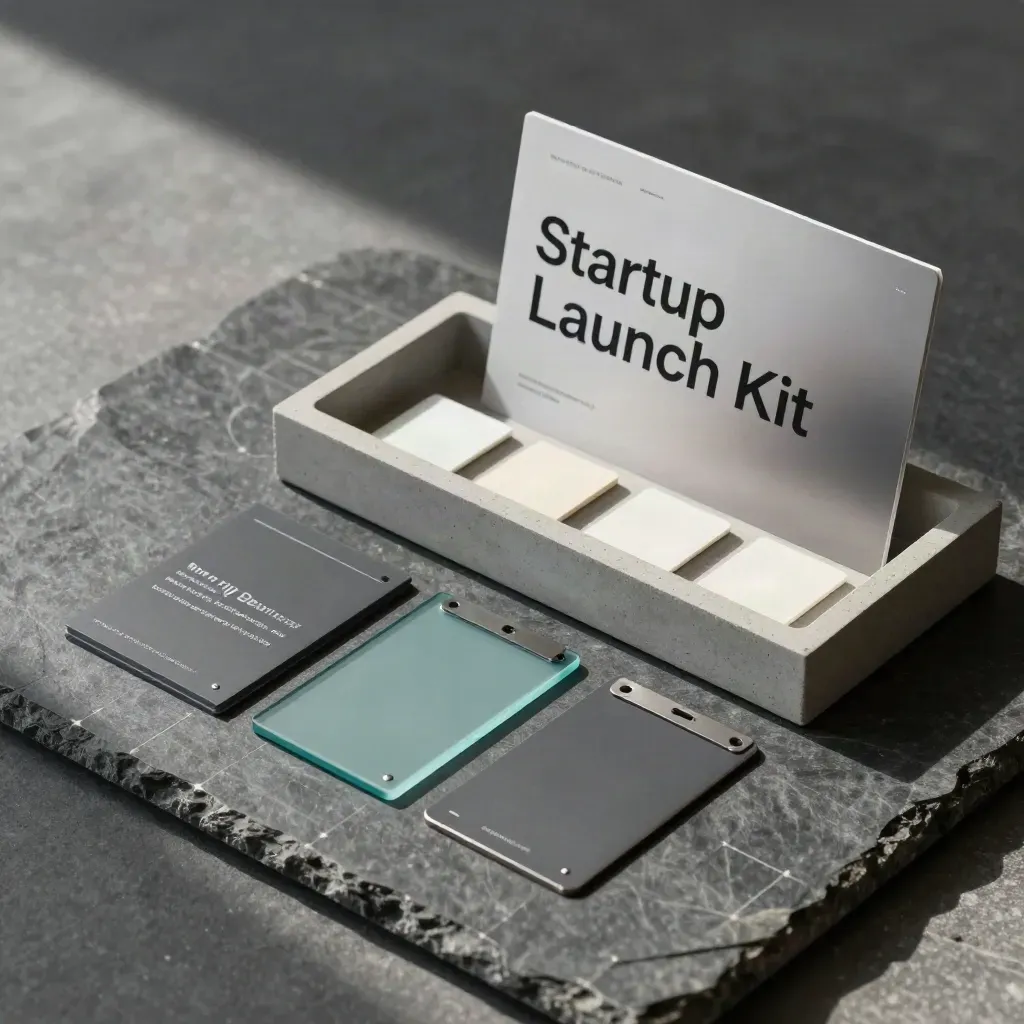 Startup launch kit flatlay with mockup cards, ad chips, and concrete tray